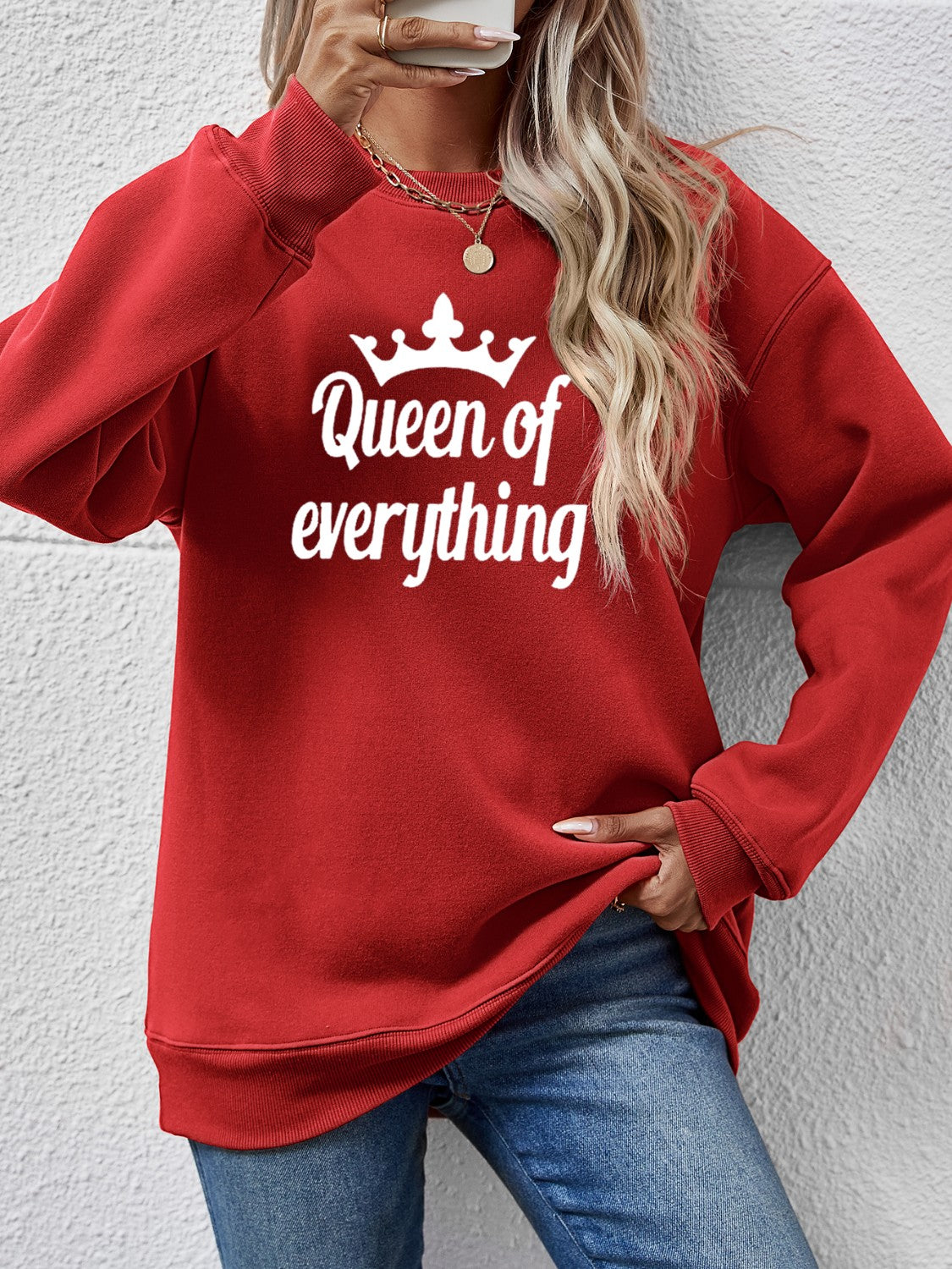 NicholesGifts Women Queen Of Everything Round Neck Sweatshirt NicholesGifts