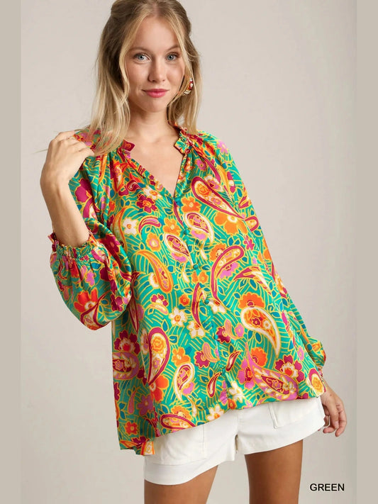 Women Umgee Satin Paisley Ruffle Neck Button-Up Long Sleeve Shirt NicholesGifts