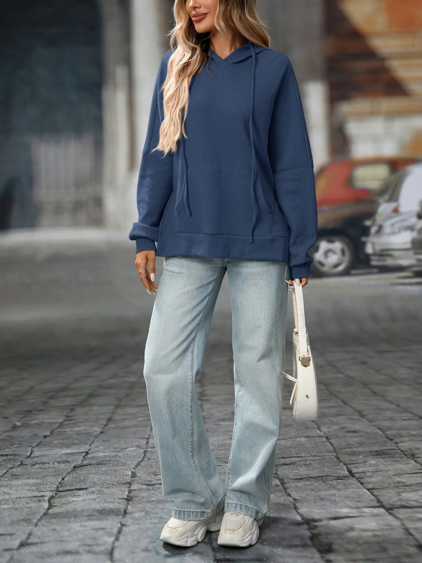 Textured Drawstring Long Sleeve Hoodie