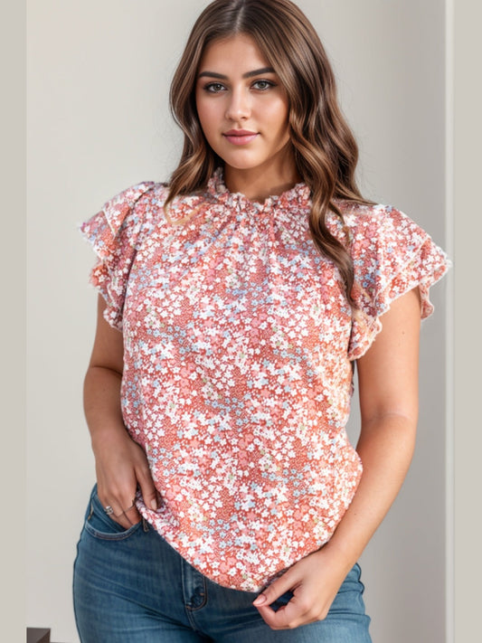 Plus Size Women Ruffled Floral Mock Neck Cap Sleeve Blouse NicholesGifts