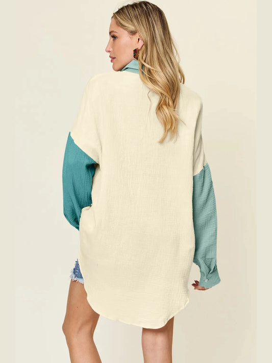 Women Double Take Full Size Pocketed Texture Button Up Shirt NicholesGifts