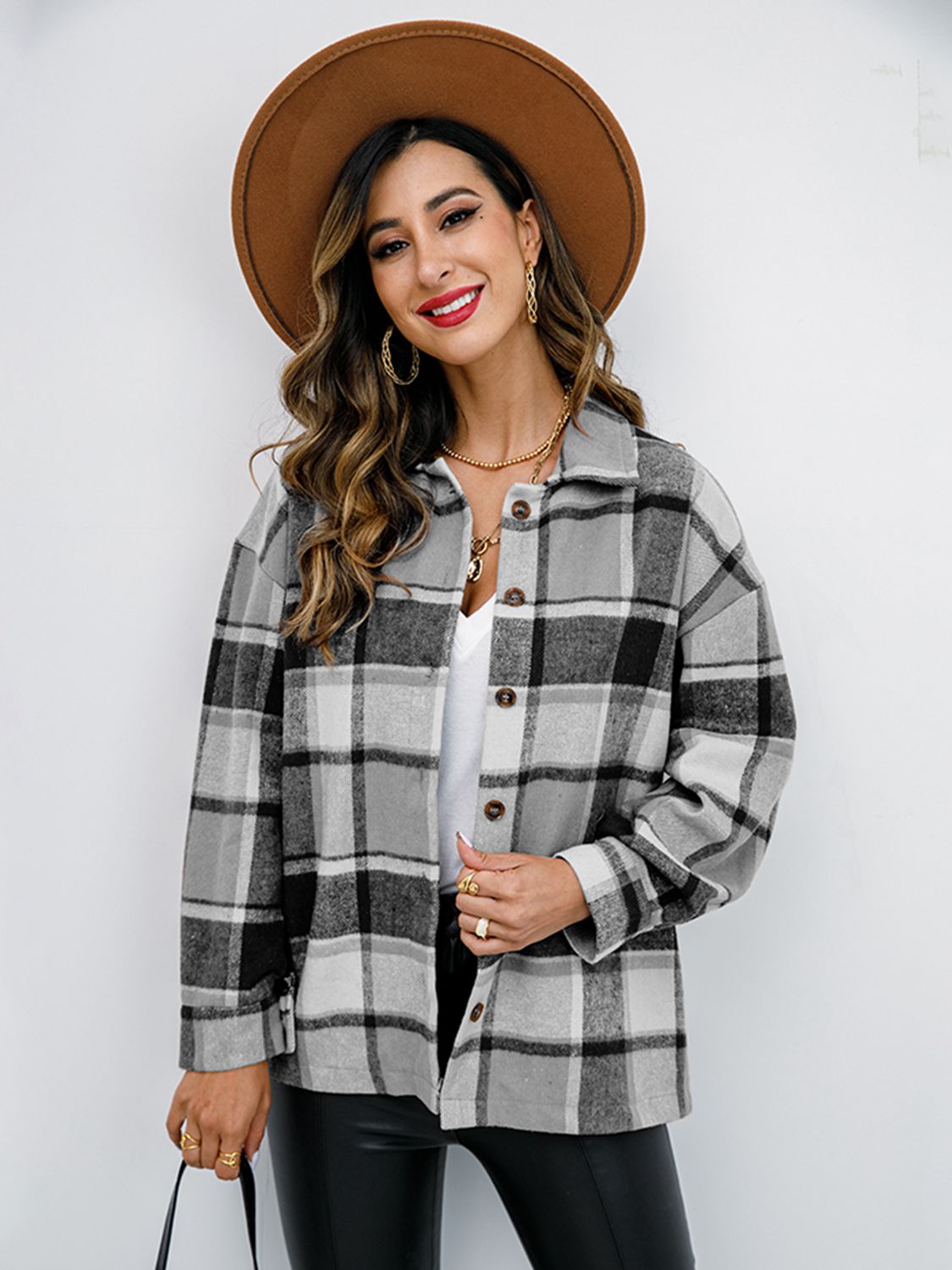 Shiny Plaid Button Up Collared Neck Jacket NicholesGifts