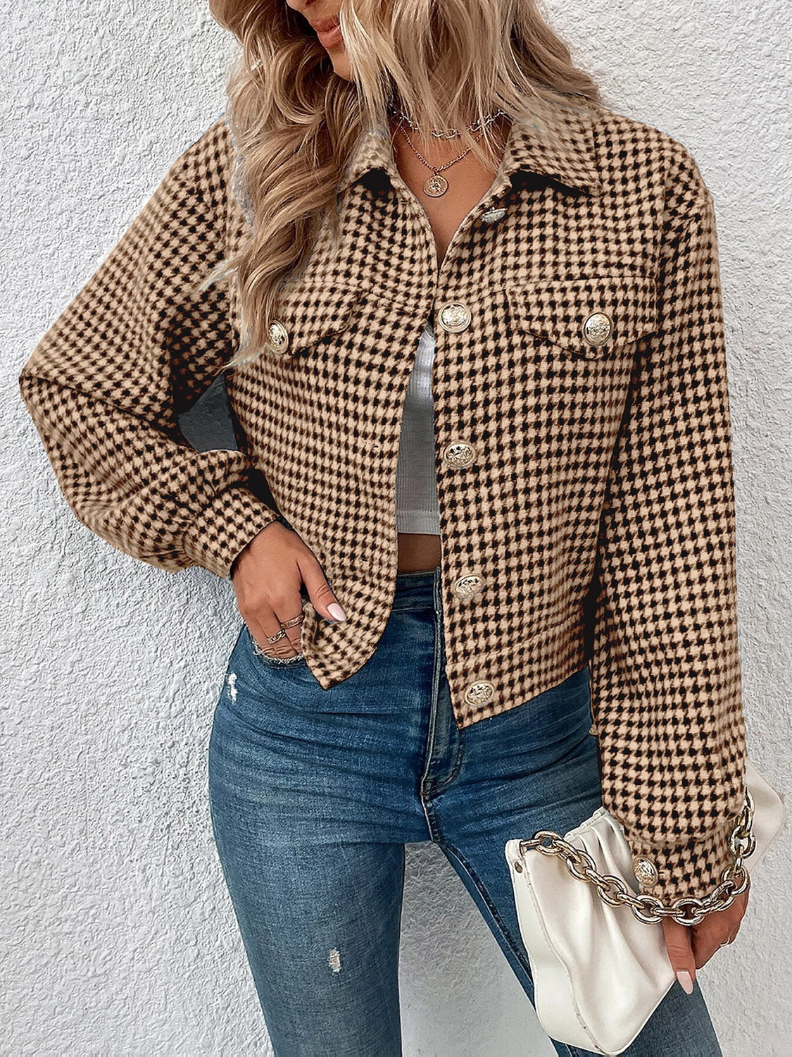 Houndstooth Collared Neck Button Up Jacket NicholesGifts