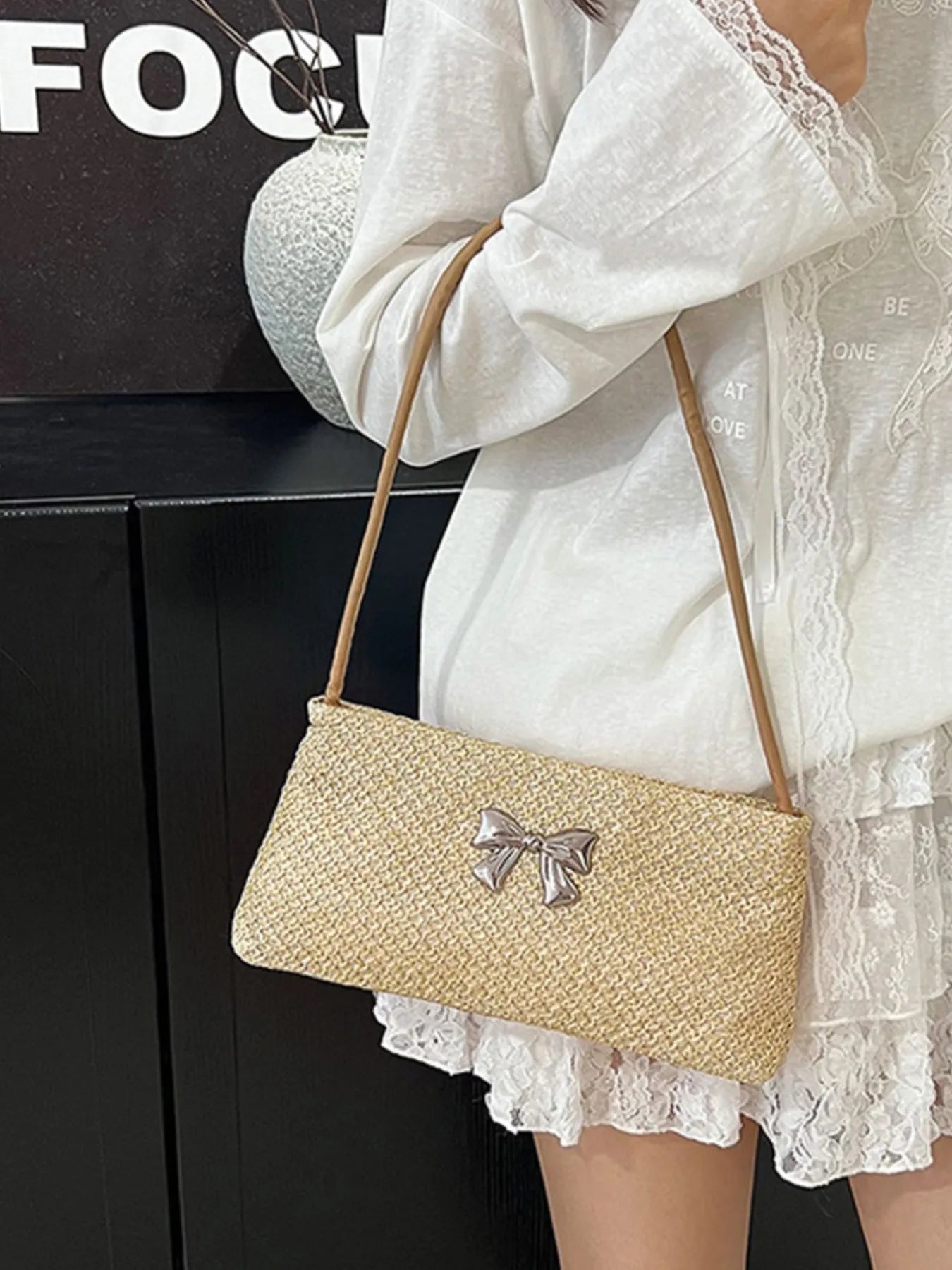 Woven Straw Shoulder Bag with Bow Detail Trendsi