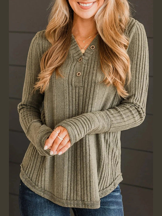 Ribbed Buttoned Long Sleeve Blouse NicholesGifts