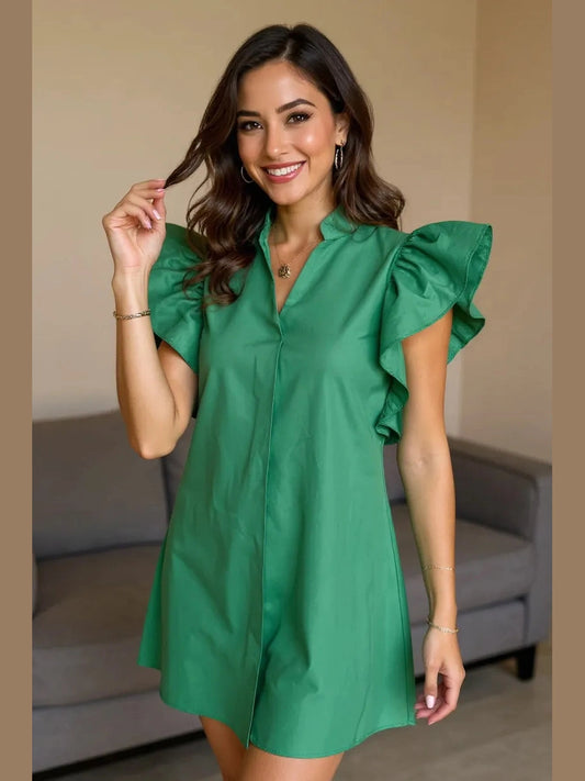 Oh Ruched Johnny Collar Cap Sleeve Mini Dress NicholesGifts