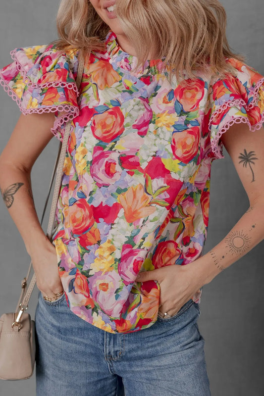 Lace Trim Ruffle Cap Sleeve Floral Blouse Trendsi