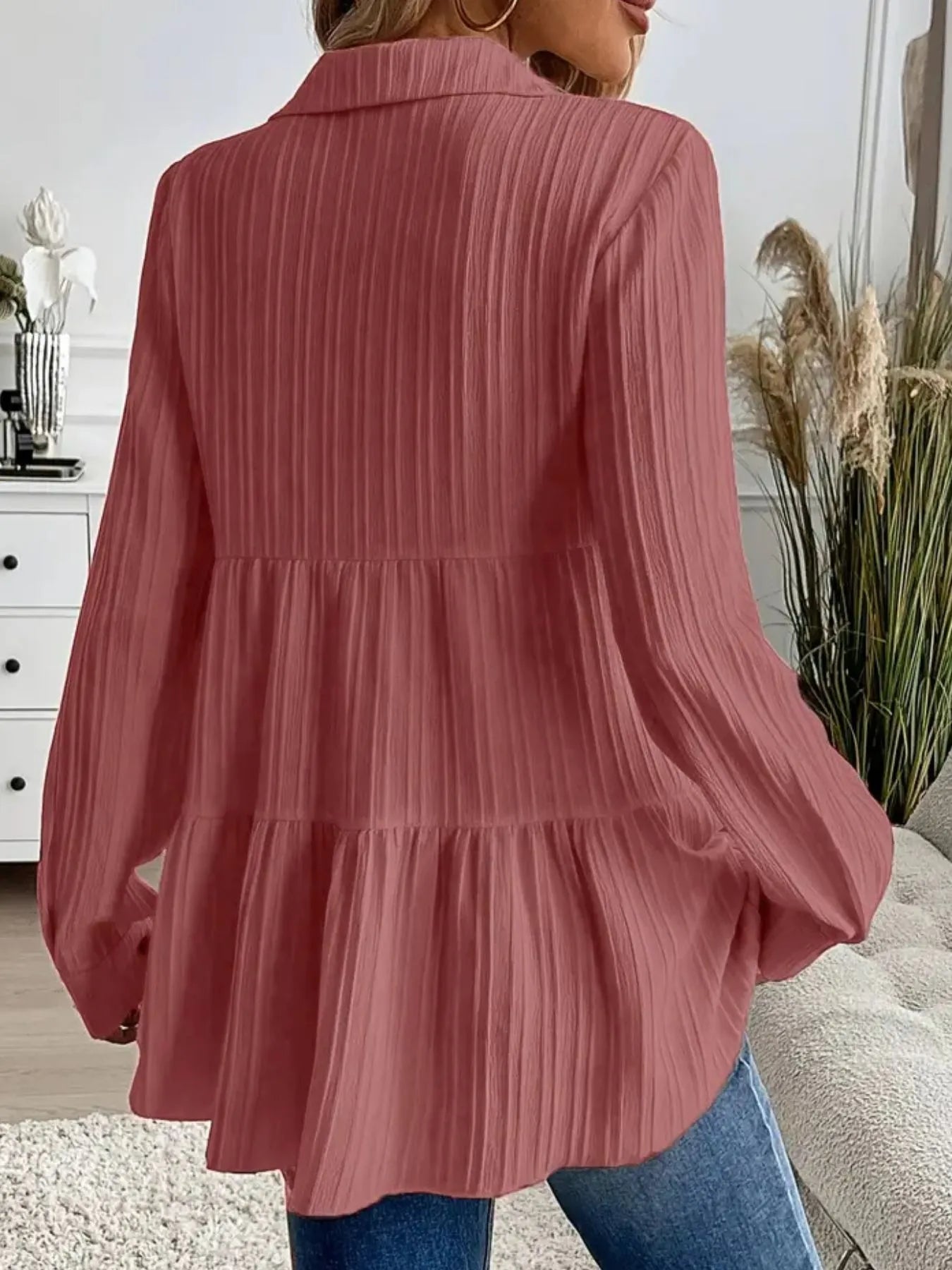 Women Striped Button-Down Tiered Shirt