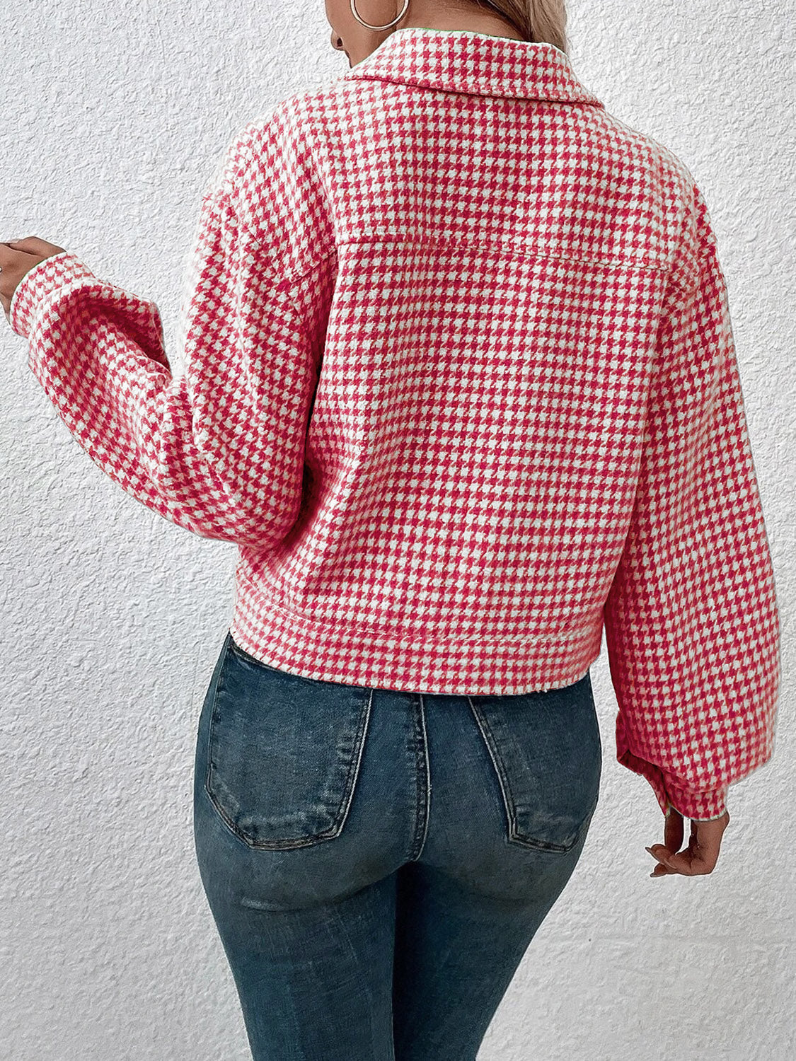 Houndstooth Collared Neck Button Up Jacket NicholesGifts