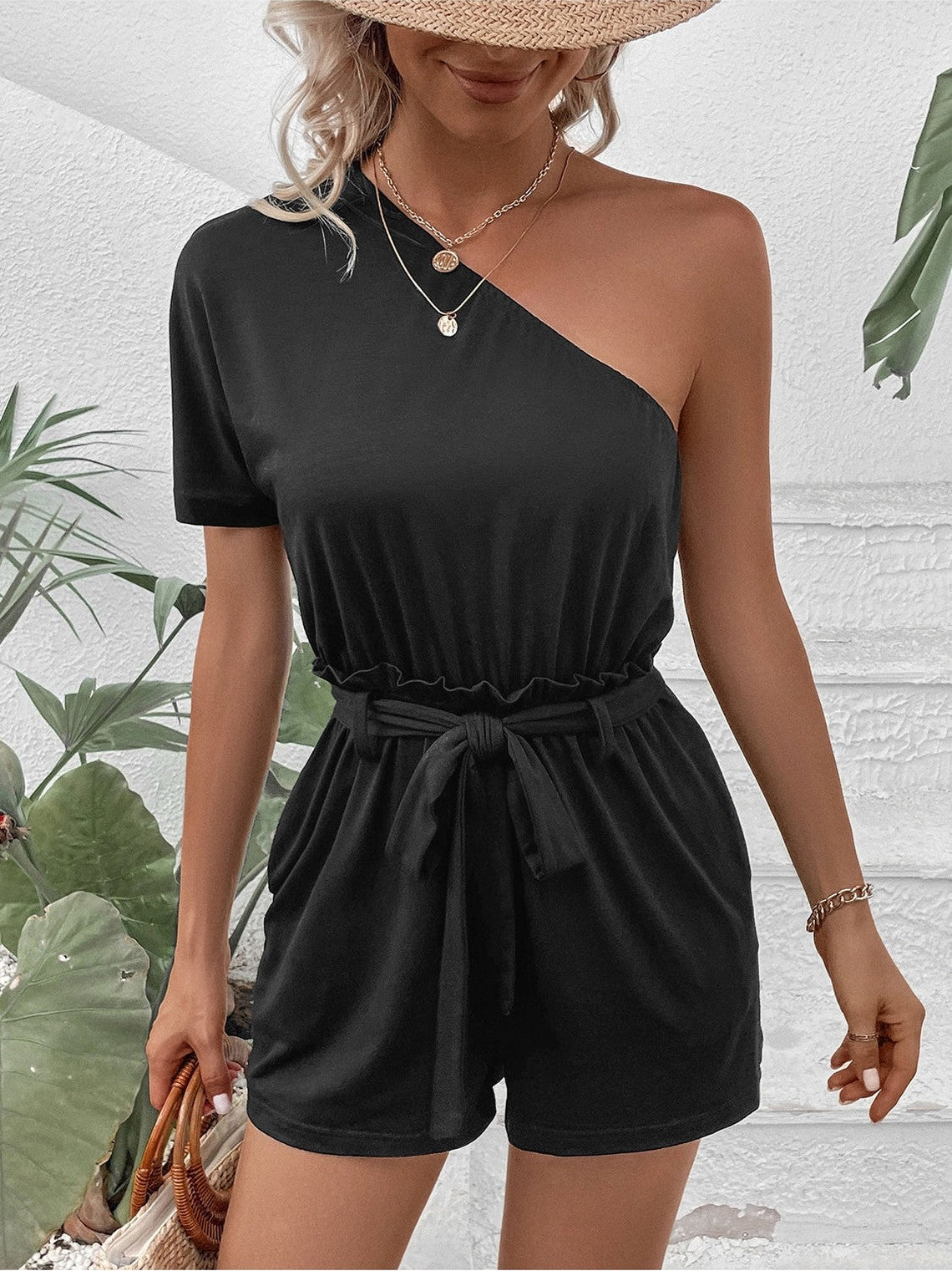 Single Shoulder Tie Waist Romper NicholesGifts