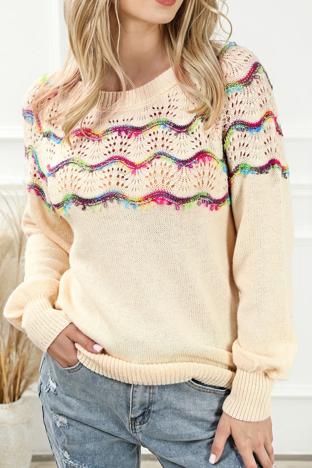 Women Openwork Wavy Striped Round Neck Sweater NicholesGifts