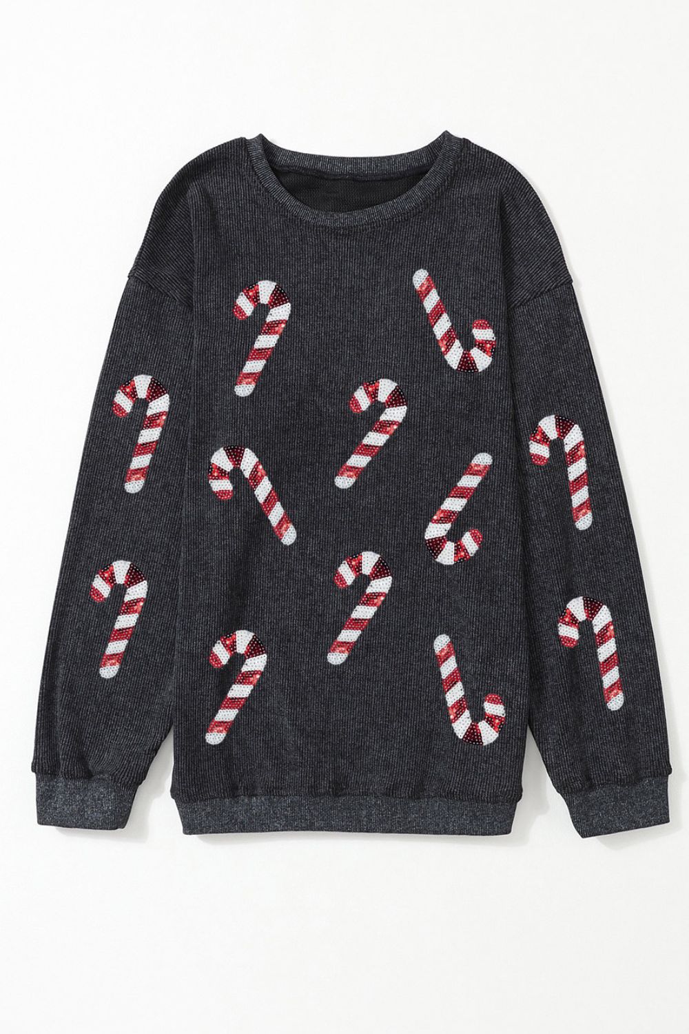 NicholesGifts Women Sequin Candy Cane Round Neck Christmas Sweatshirt NicholesGifts