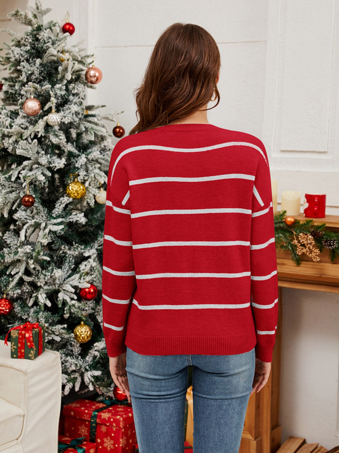 NicholesGifts Women Sequin Santa Striped Round Neck Long Sleeve Sweater NicholesGifts