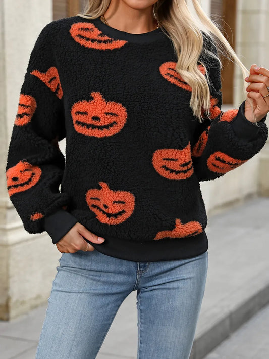 Fuzzy Pumpkin Round Neck Dropped Shoulder Sweater NicholesGifts