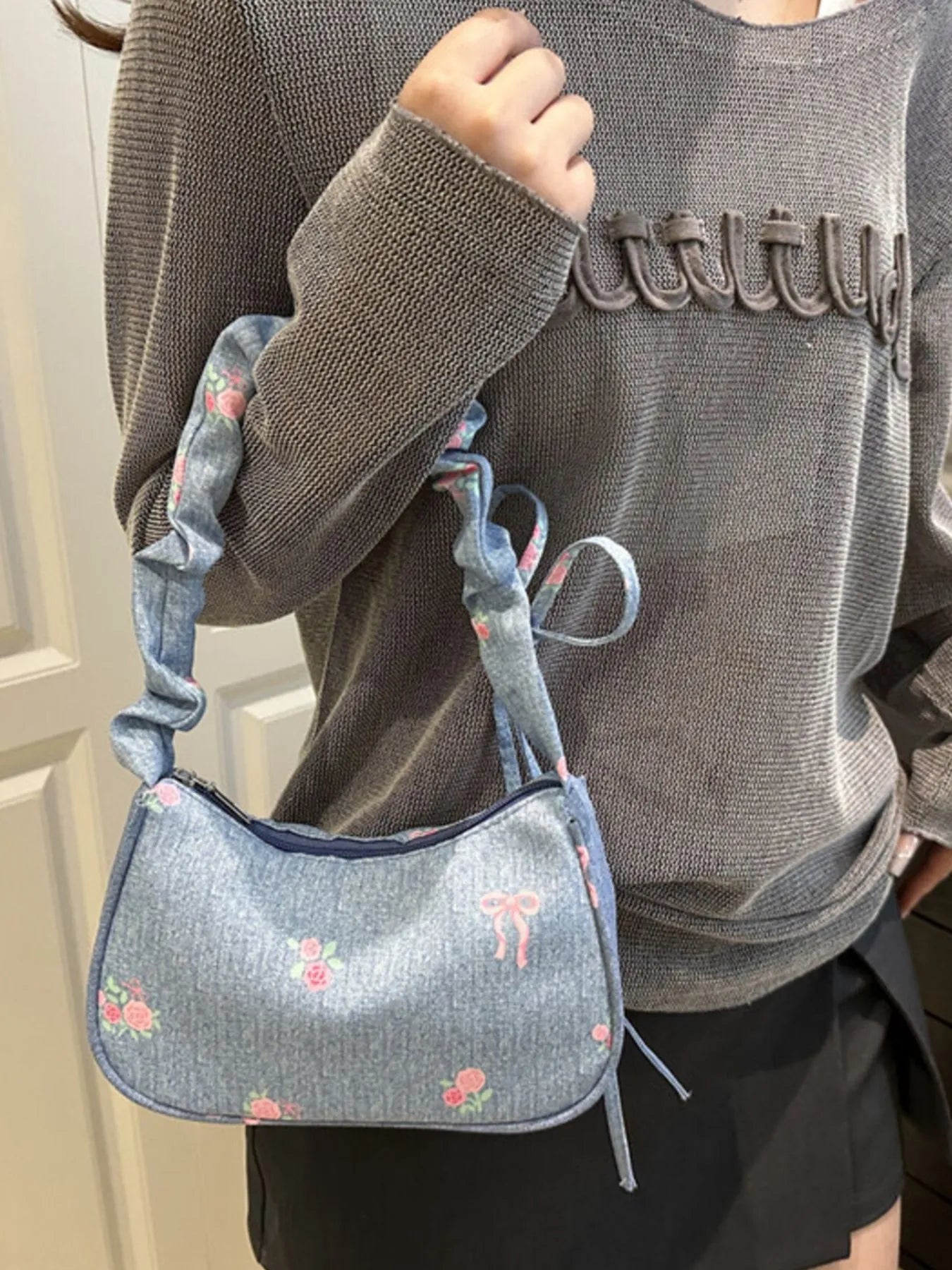 Embroidered Ruched Strap Shoulder Bag Trendsi