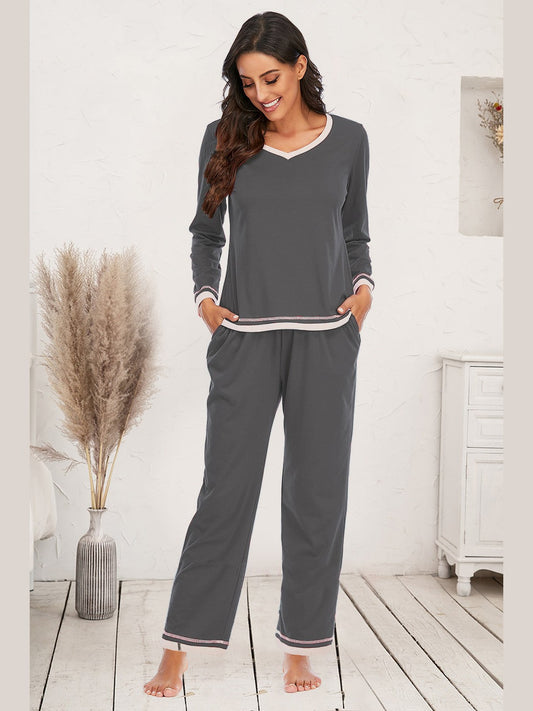 Women V-Neck Top and Pants Lounge Set