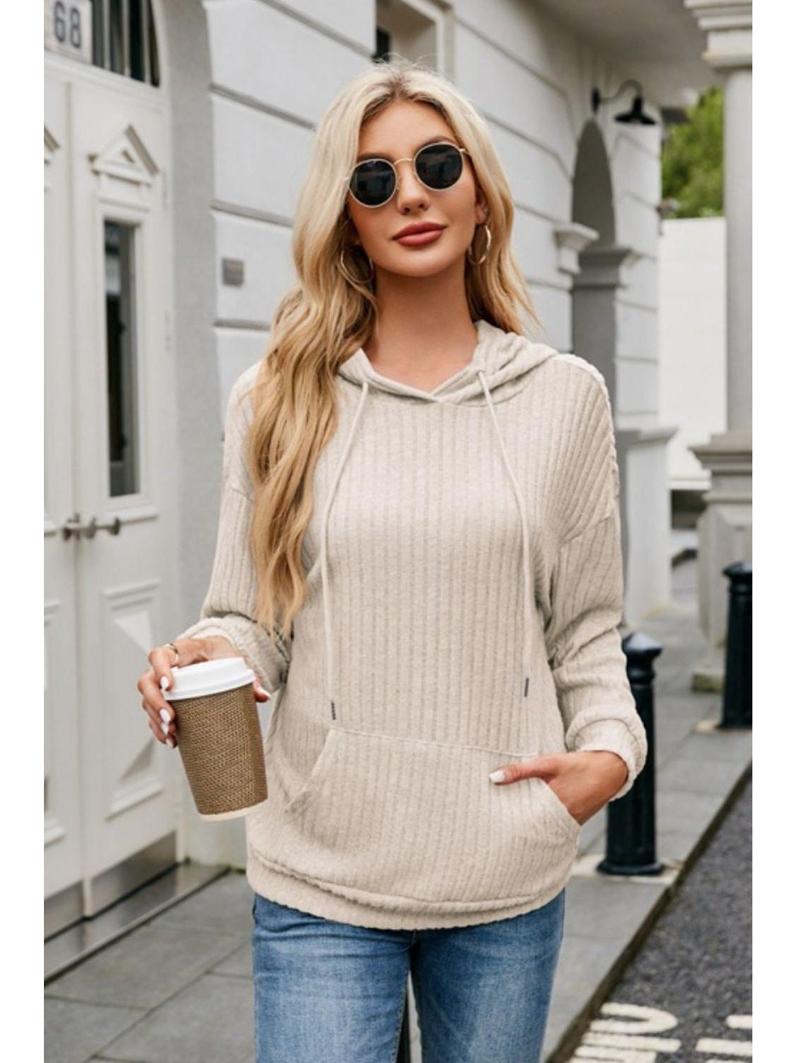 NicholesGifts Women Ribbed Drawstring Long Sleeve Hoodie NicholesGifts