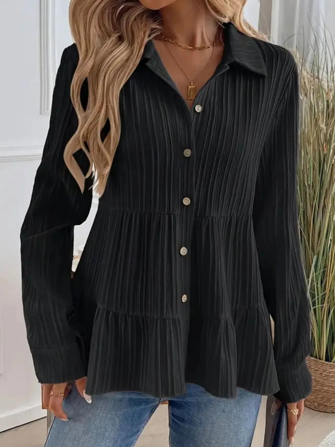 Women Striped Button-Down Tiered Shirt
