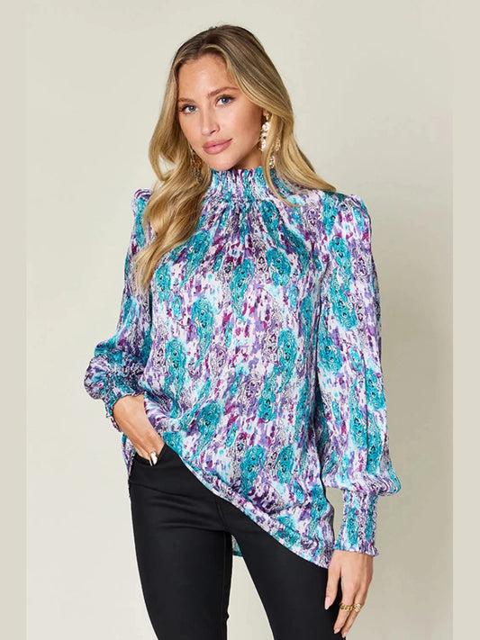 Double Take Full Size Printed Smocked Long Sleeve Blouse nicholesgifts