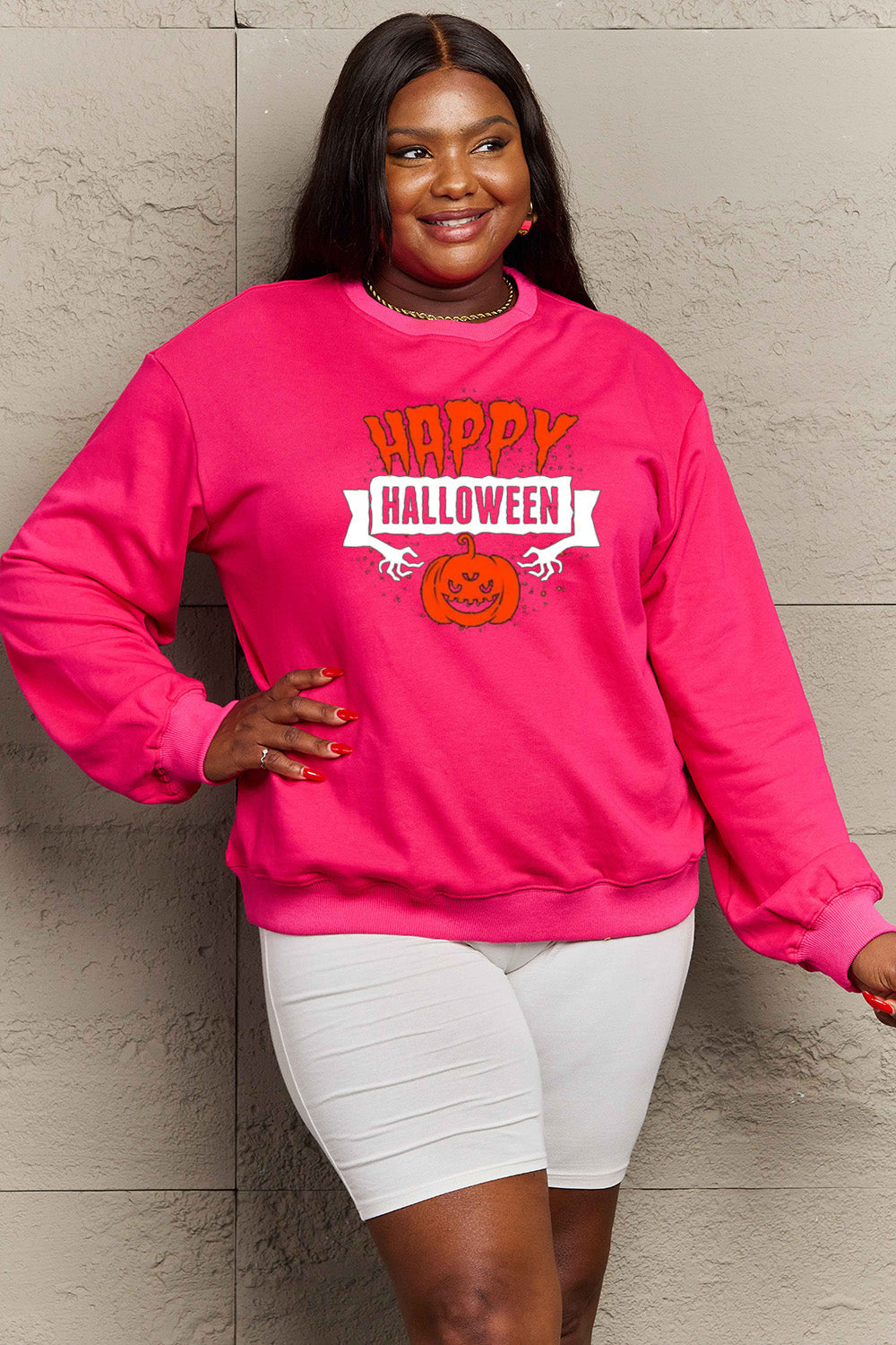 Women Simply Love Full Size Happy HAlloween Graphic Sweatshirt NicholesGifts