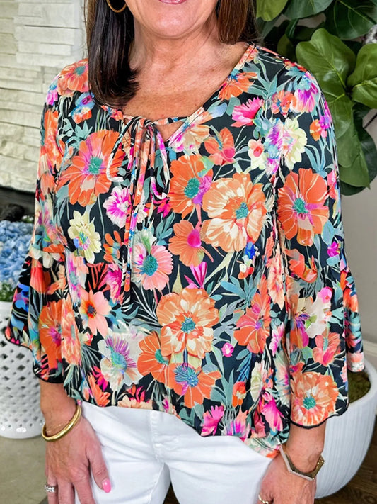 Floral 3/4 Flare Sleeve Tied Neck Blouse NicholesGifts