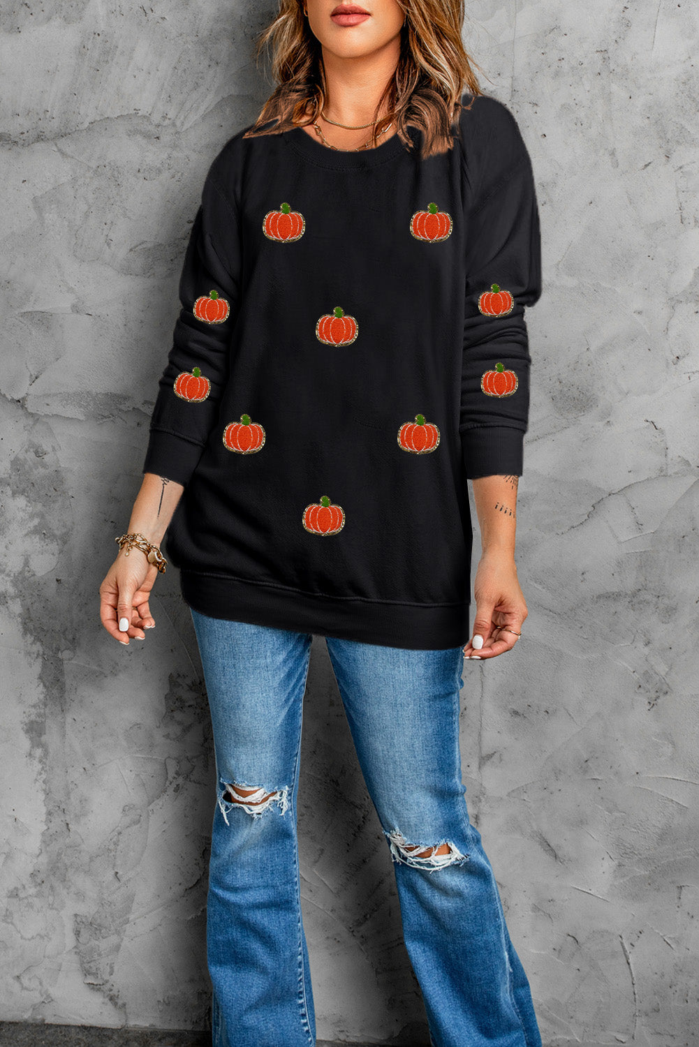 Pumpkin Round Neck Long Sleeve Sweatshirt NicholesGifts