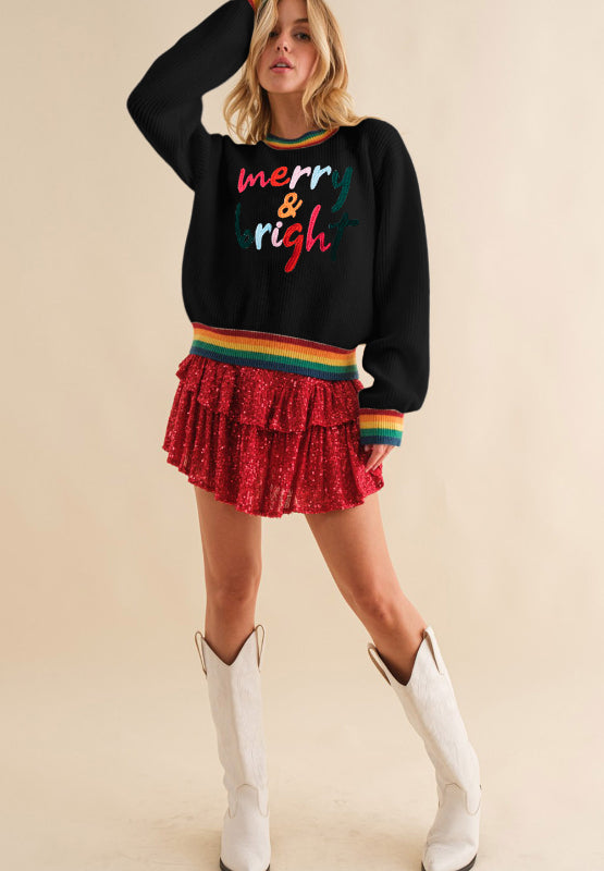 NicholesGifts Women Merry & Bright Ribbed Round Neck Christmas Sweater NicholesGifts