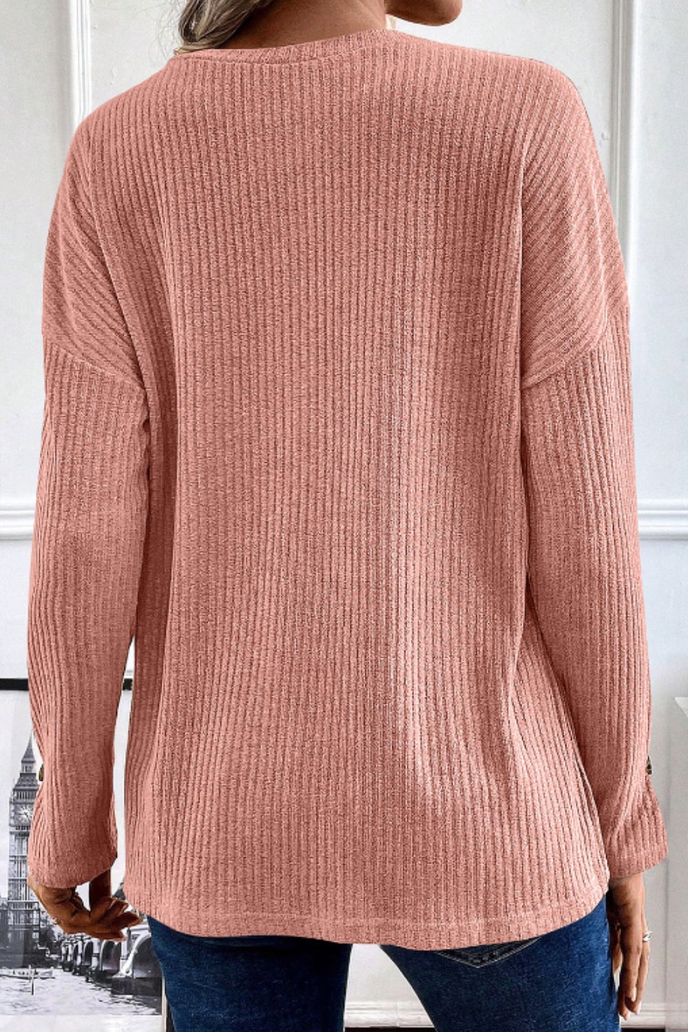 NicholesGifts Women Quarter Button Round Neck Dropped Shoulder Knit Top NicholesGifts