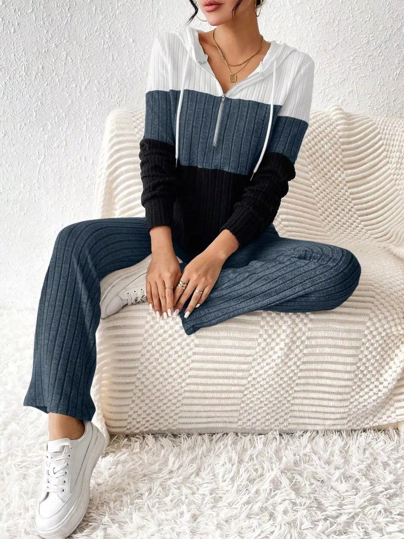 Women Color Block Half Zip Hooded Top and Pants Set NicholesGifts