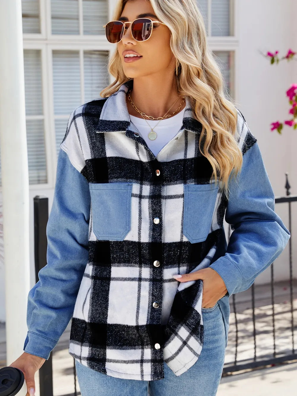Pocketed Plaid Snap Down Denim Jacket nicholesgifts