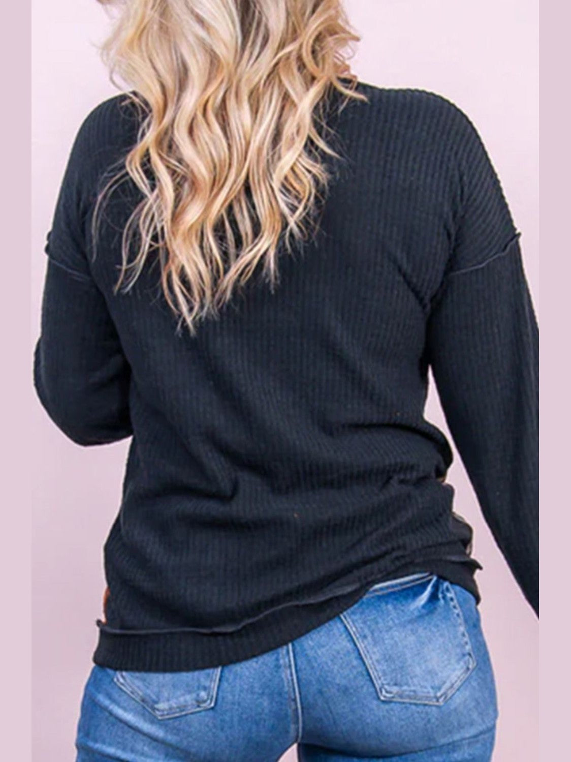 Plus Size Women Waffle-Knit Leopard Round Neck Dark Blue Blouse