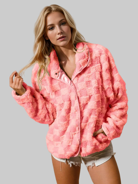 Women Double Take Checkered Long Sleeve Fuzzy Jacket nicholesgifts