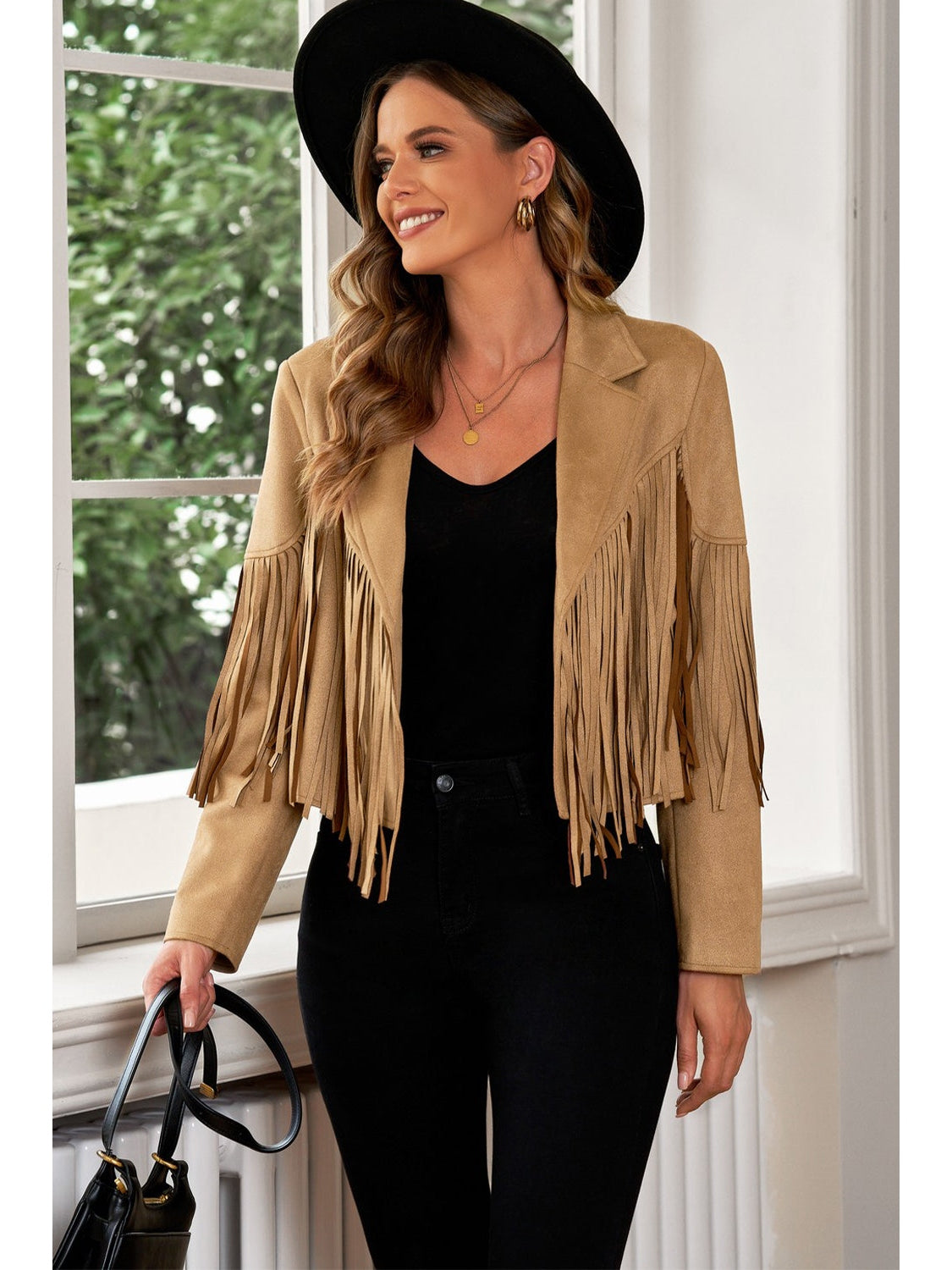 Fringe Trim Lapel Collar Cropped Blazer NicholesGifts
