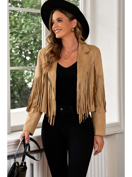 Fringe Trim Lapel Collar Cropped Blazer