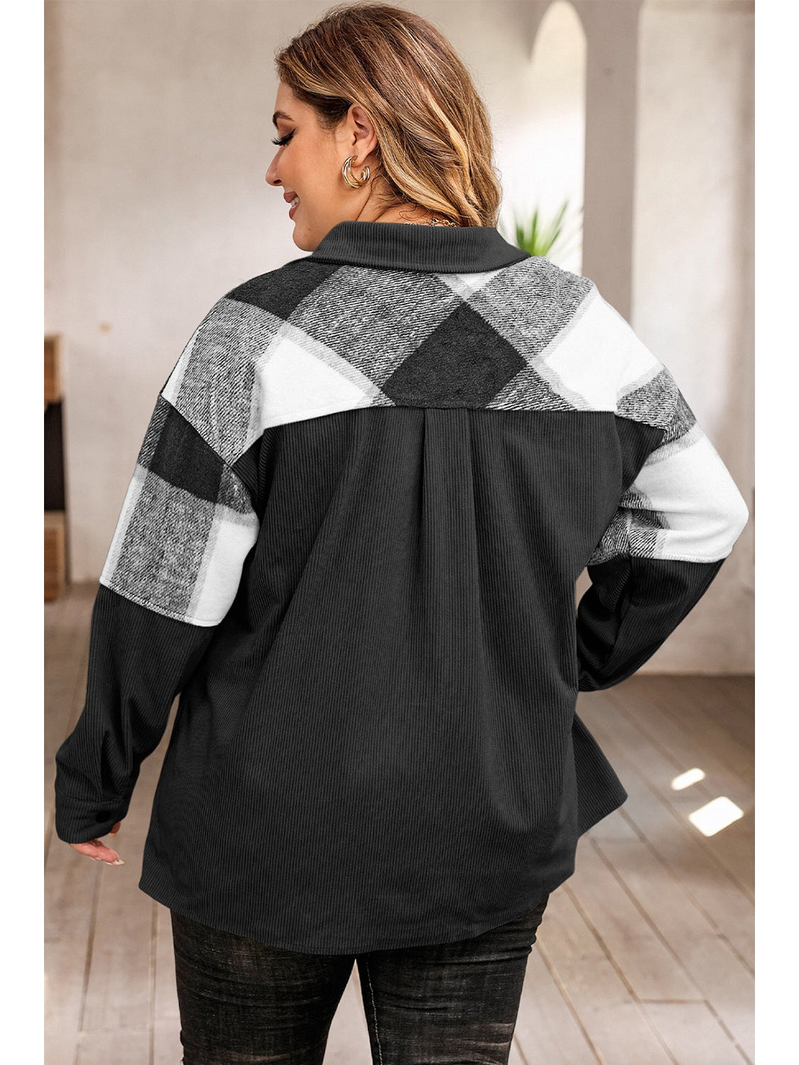 Plus Size Women Plaid Snap Down Jacket with Pockets NicholesGifts