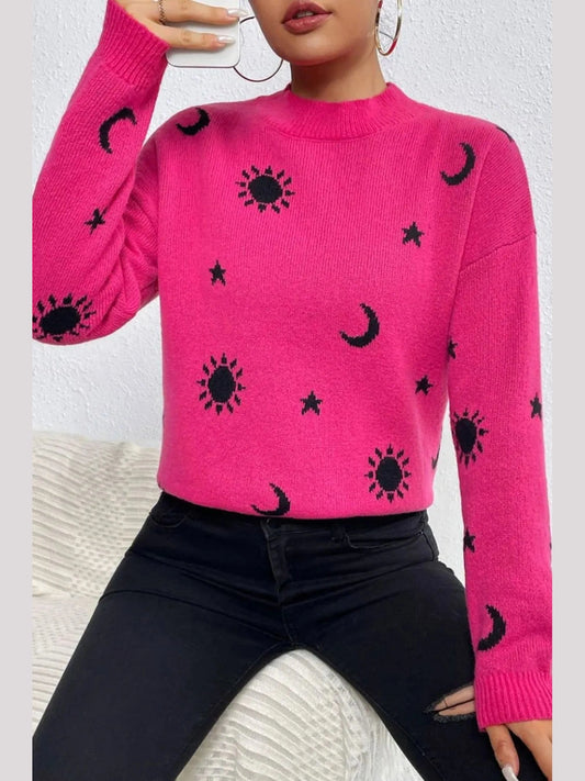 Women Graphic Mock Neck Dropped Shoulder Sweater