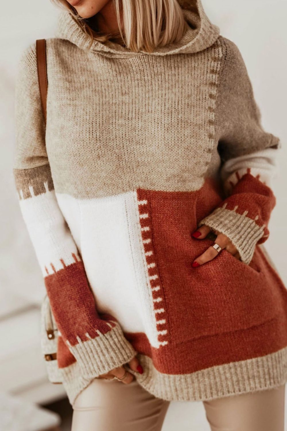 NicholesGifts Women Color Block Kangaroo Pocket Hooded Sweater NicholesGifts