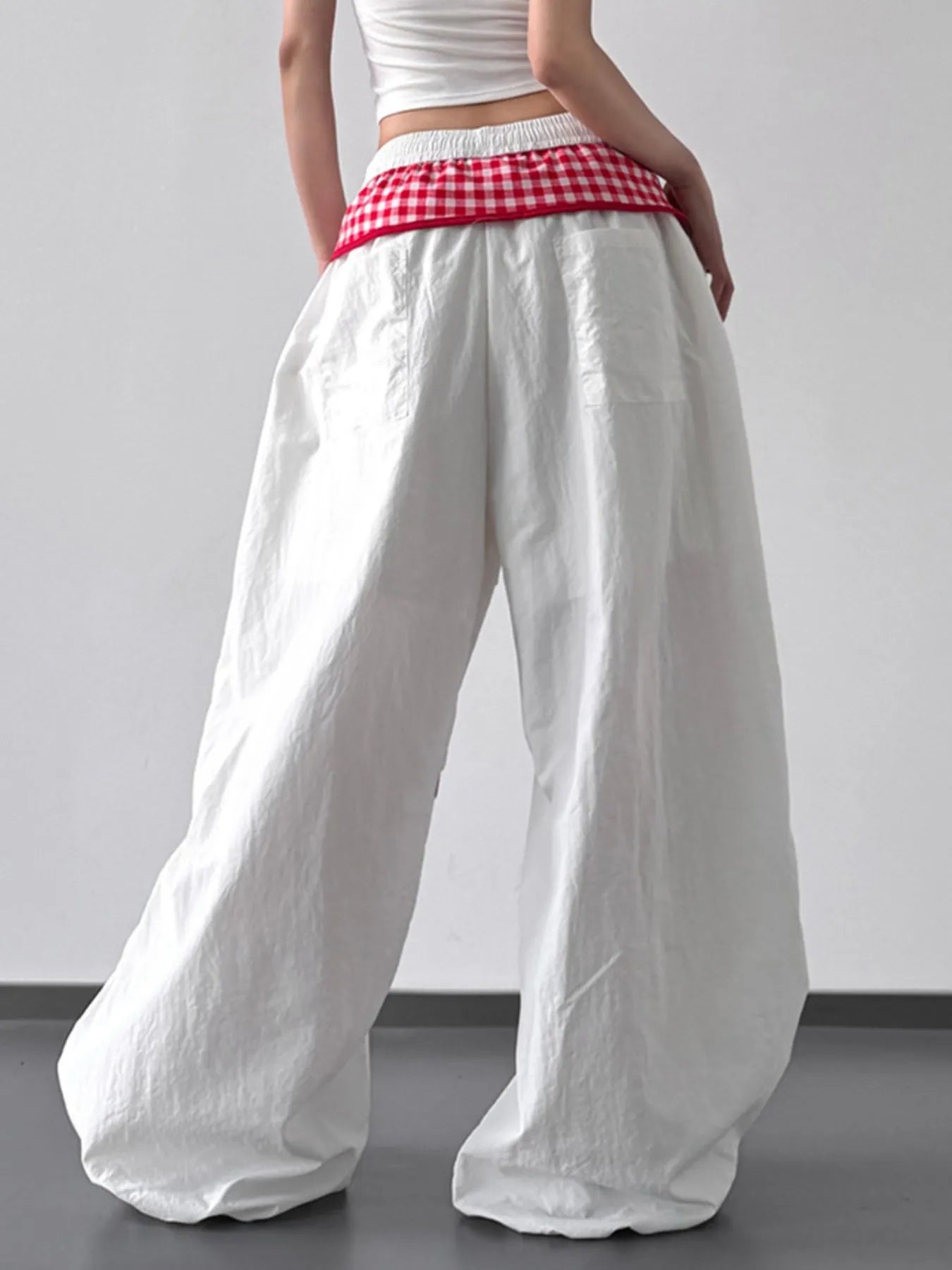 Wide Leg Pants with Checkered Detail Trendsi