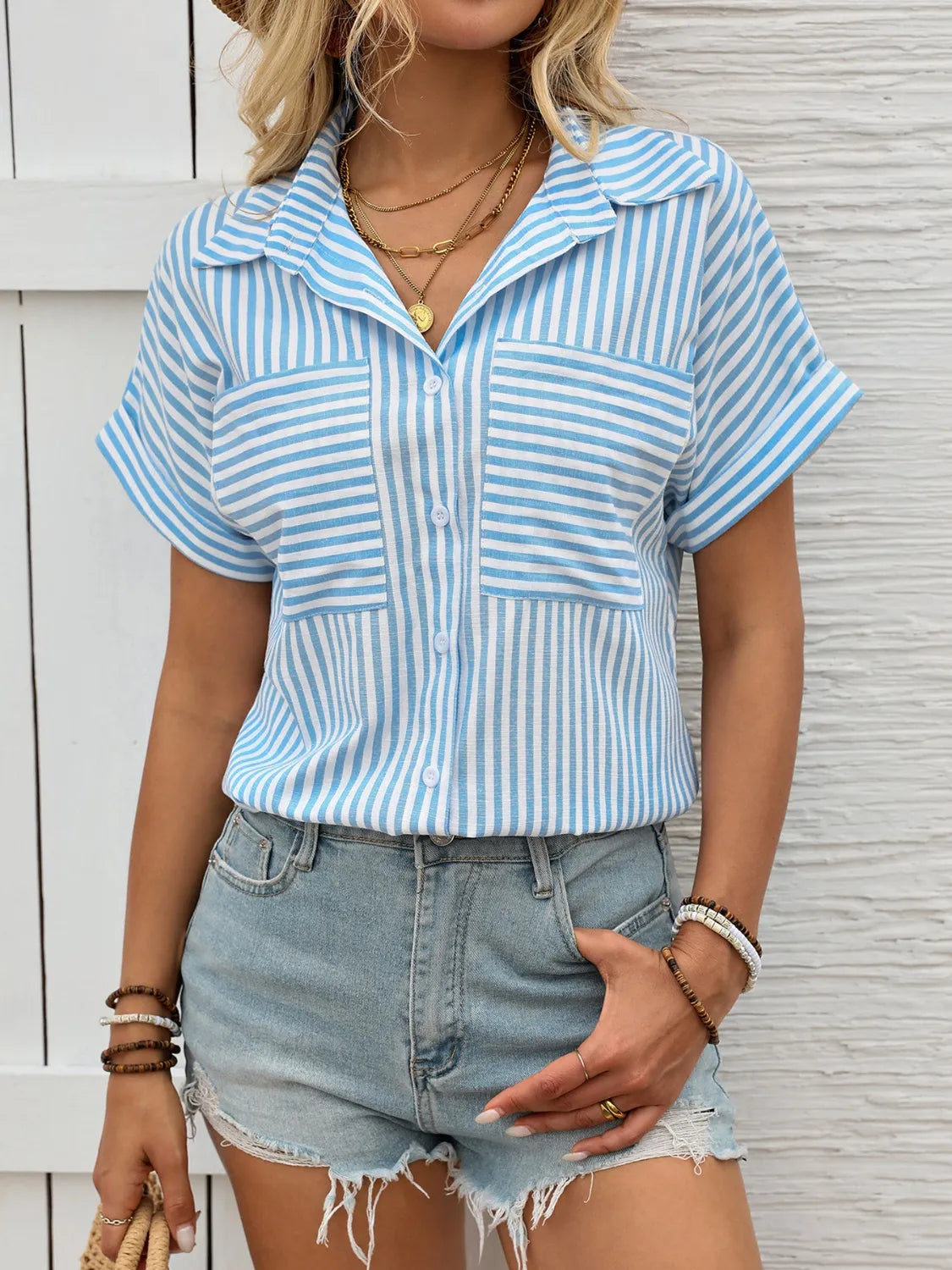 Striped Collared Neck Short Sleeve Shirt