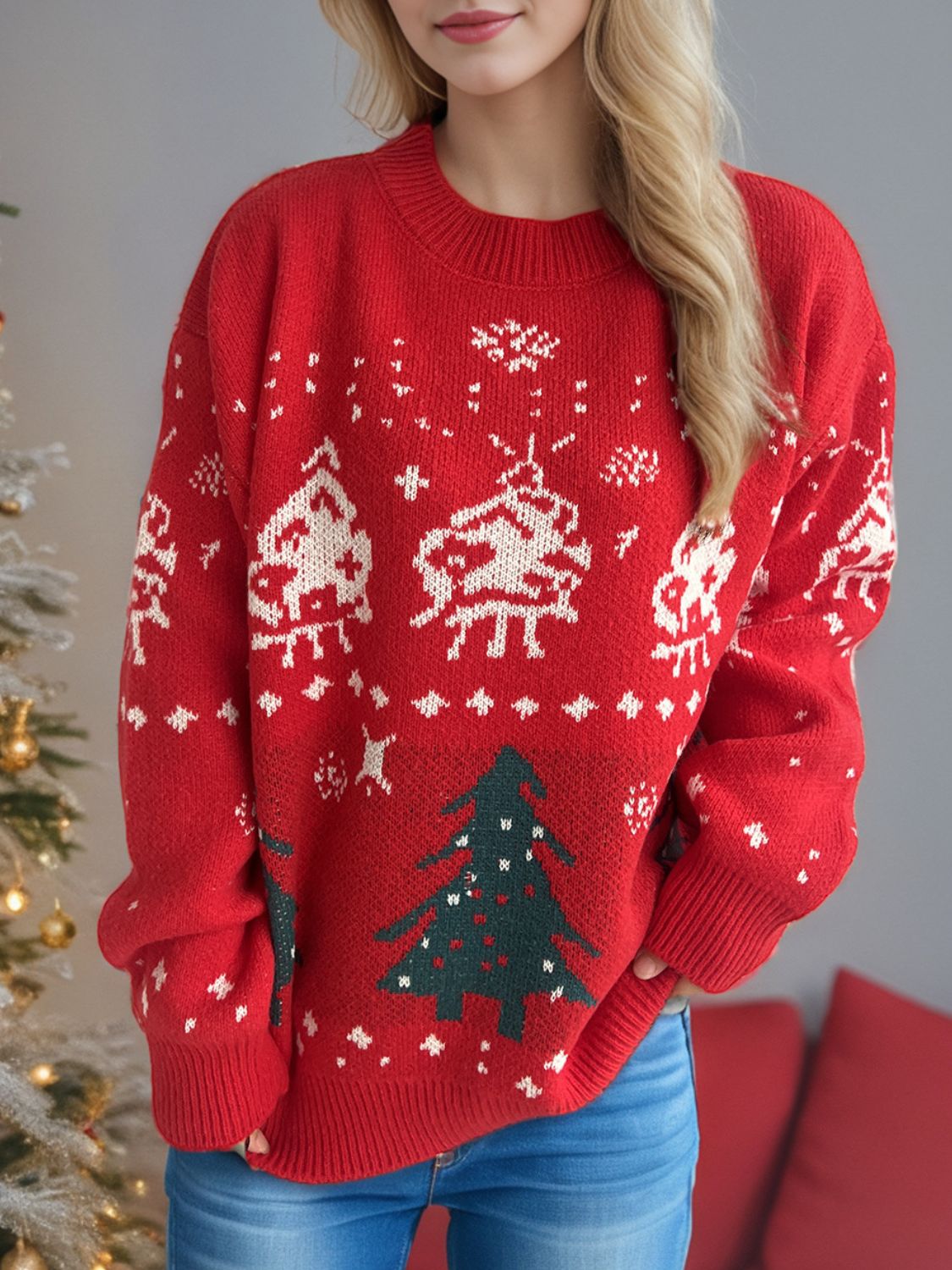 Christmas Element Round Neck Long Sleeve Sweater NicholesGifts