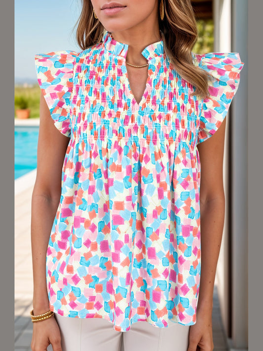 Ruffled Printed Notched Cap Sleeve Blouse NicholesGifts
