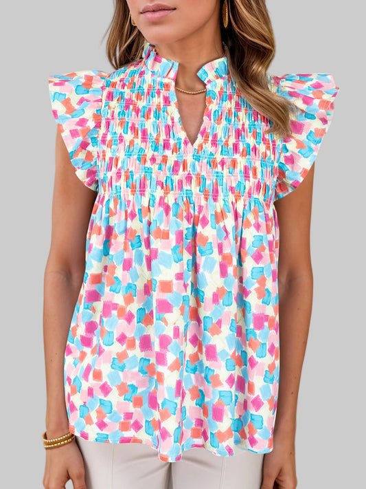 Ruffled Printed Notched Cap Sleeve Blouse nicholesgifts