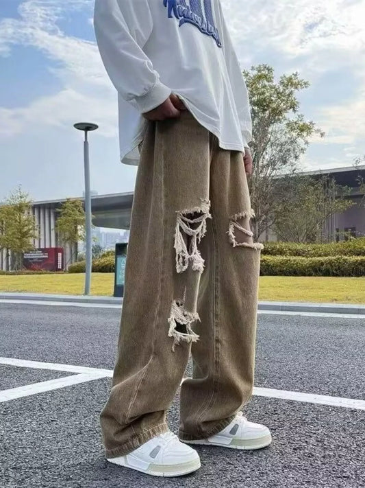 Men's Full Size Distressed Wide Leg Jeans Plus Size Trendsi