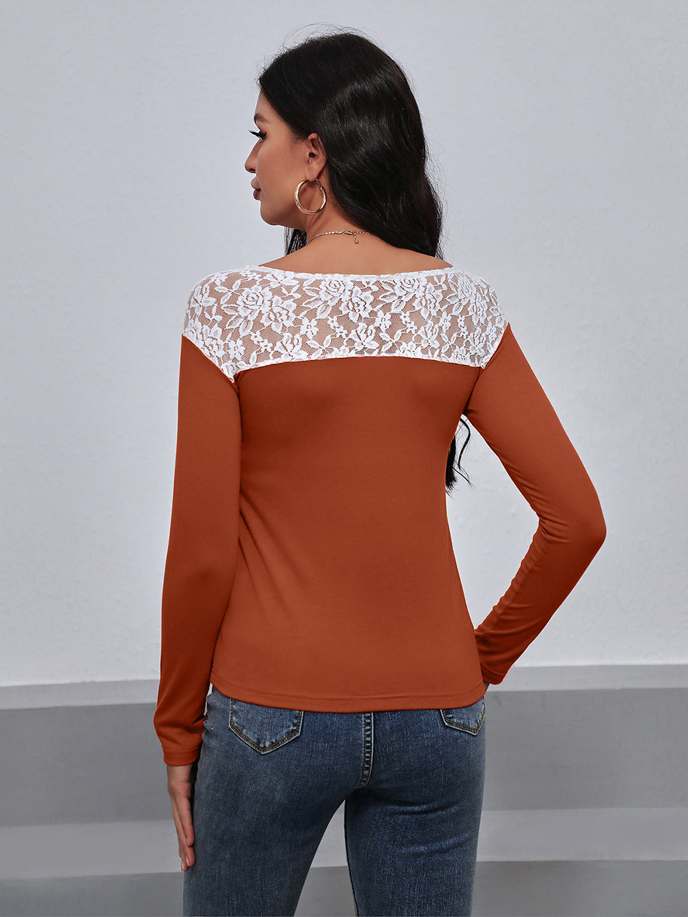 Ivy Lane Lace Trim Long Sleeve Round Neck Tee NicholesGifts