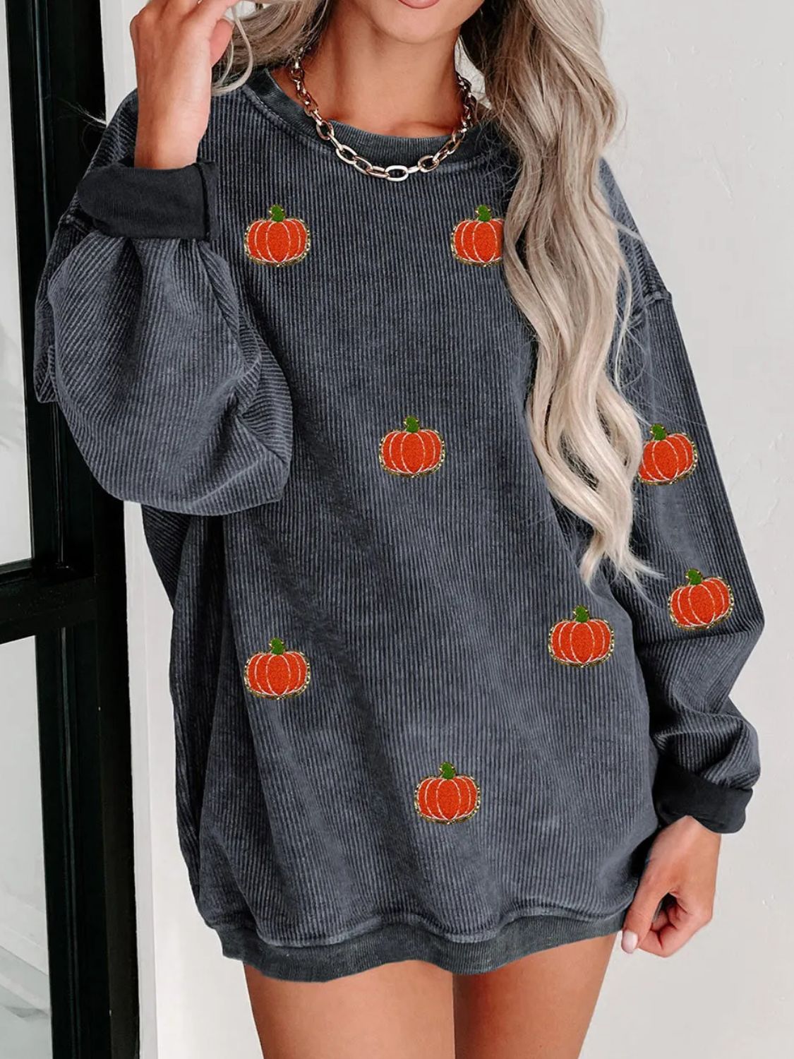 Pumpkin Round Neck Long Sleeve Sweatshirt NicholesGifts