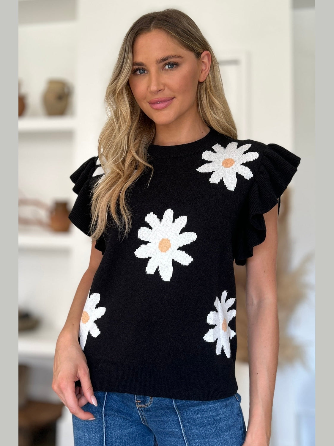 Women Double Take Full Size Ruffled Flower Round Neck Cap Sleeve Black Top NicholesGifts