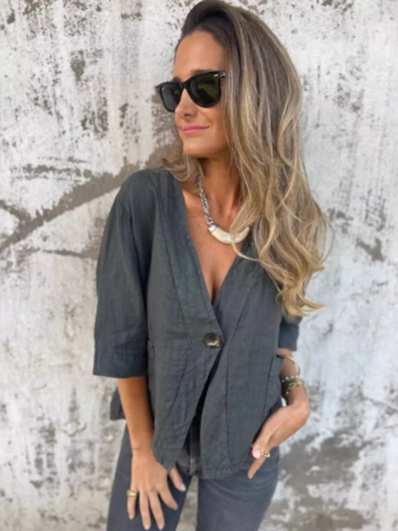 Full Size One Button V-Neck Shirt Plus Size Trendsi