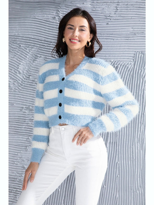 Women Striped Button Up Cropped Cardigan