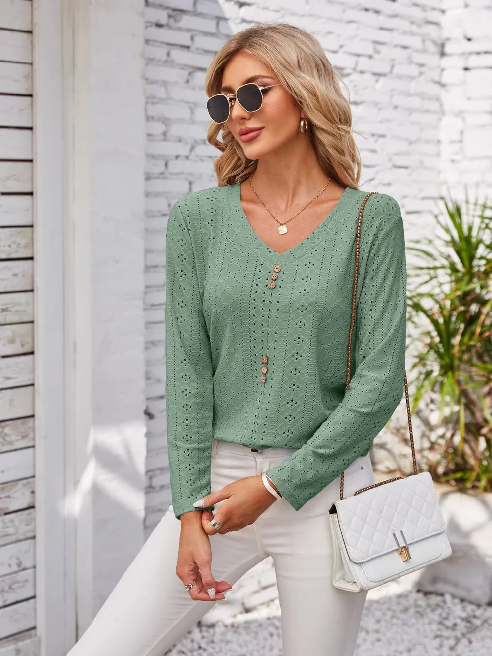 Decorative Button Openwork V-Neck T-Shirt