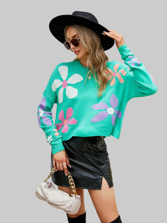 Women Flower Round Neck Drop Shoulder Sweater nicholesgifts